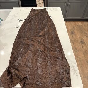 Hugo Buscati Brown Sheer Maxi Dress with Fringe Detail